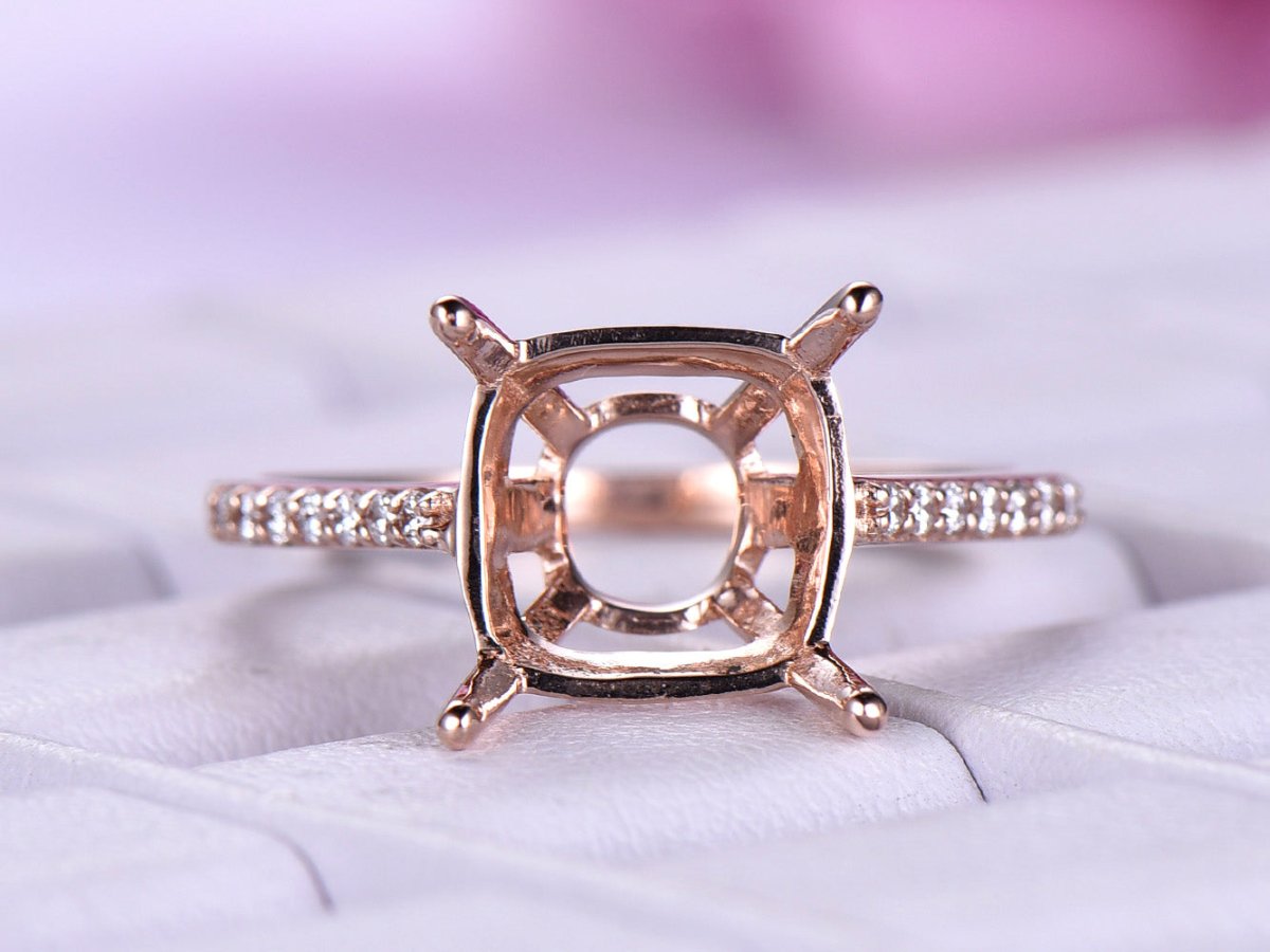 Custom Diamond Cushion Semi Mount Ring 14K White Gold