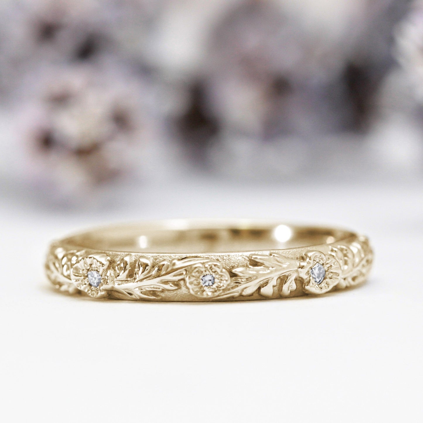 Diamond Trio Poppy Flower Leaf Wedding Band