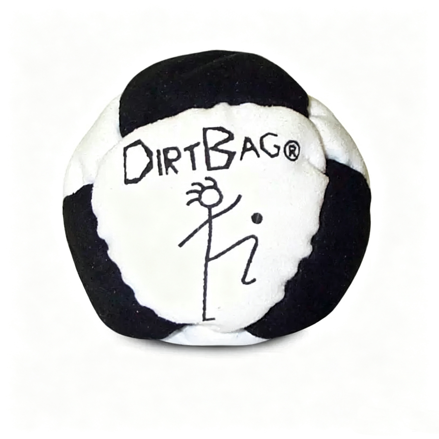 Classic black and white Dirtbag footbag with the official brand logo, featuring a soft and crunchy texture for easy stalls.