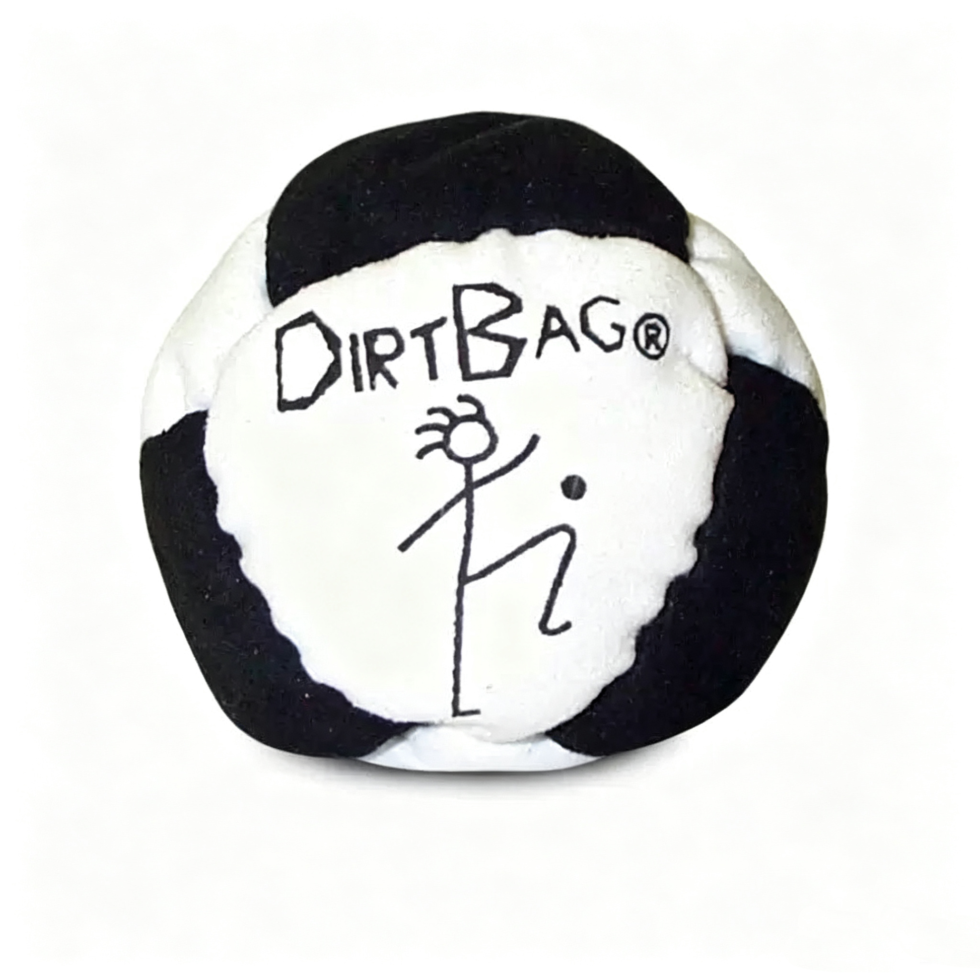 Classic black and white Dirtbag footbag with the official brand logo, featuring a soft and crunchy texture for easy stalls.