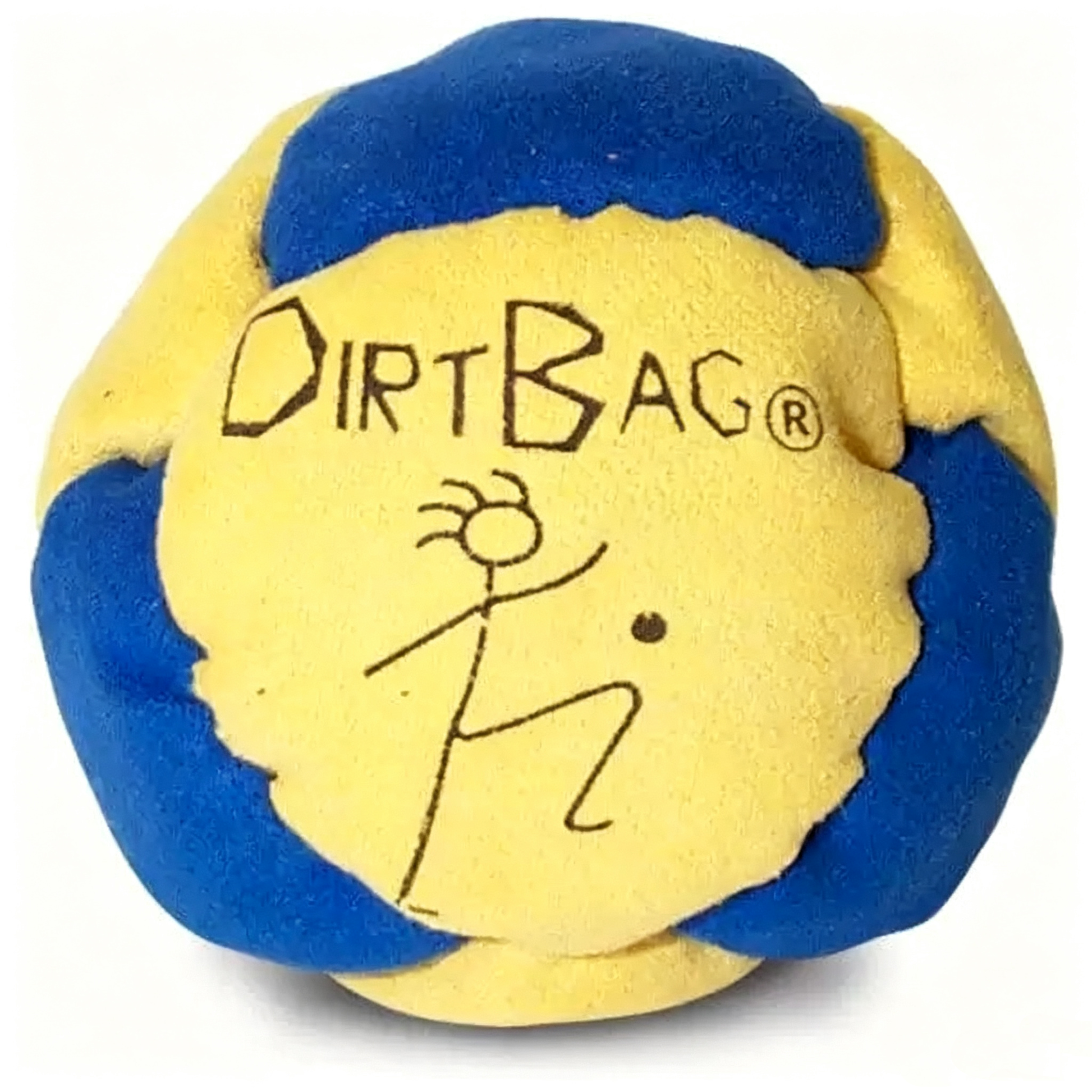 Blue and yellow 8-panel Dirtbag Classic footbag made of durable synthetic suede, ideal for beginners and pro players.