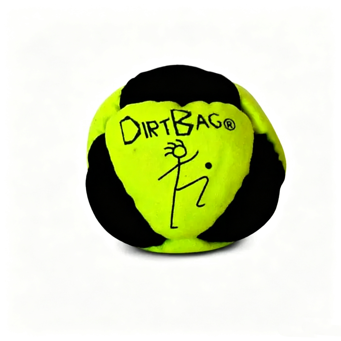 High-visibility neon yellow and black Dirtbag Classic footbag, sand-filled for maximum control and footbag stalls.