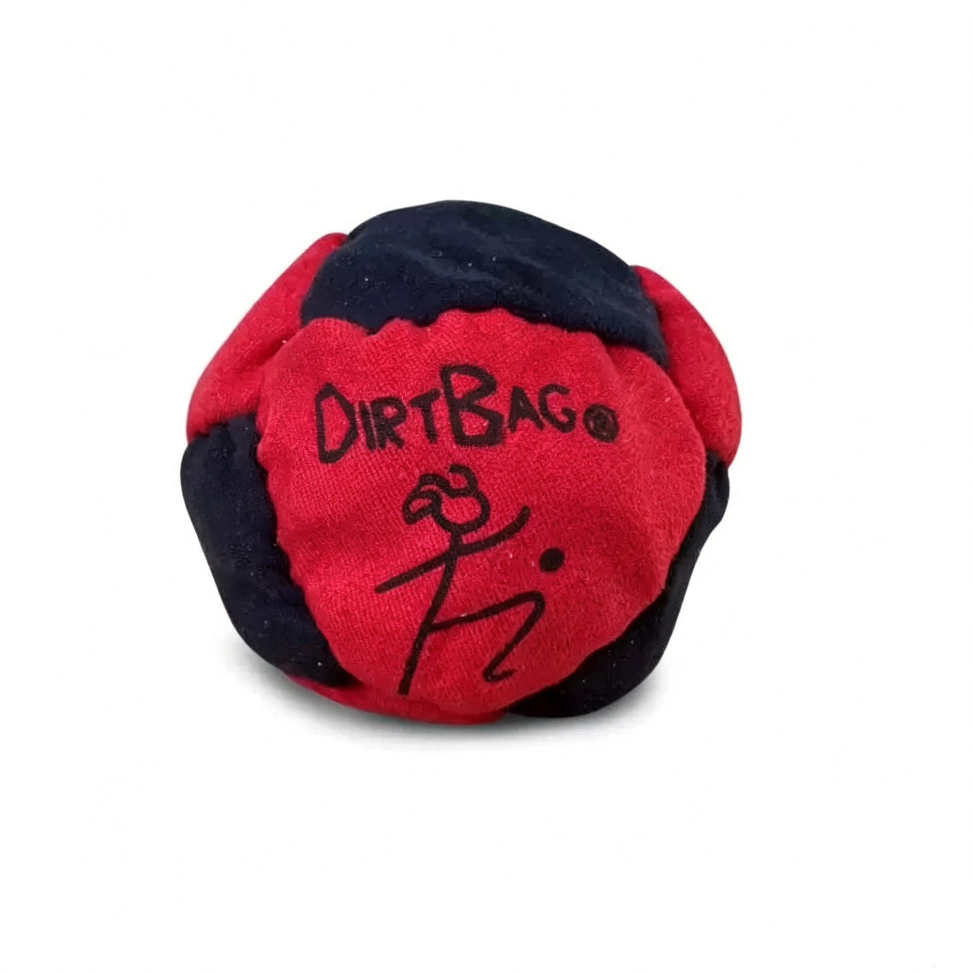 Red and black professional Dirtbag Classic hacky sack, showing the reinforced stitching and soft synthetic suede fabric.