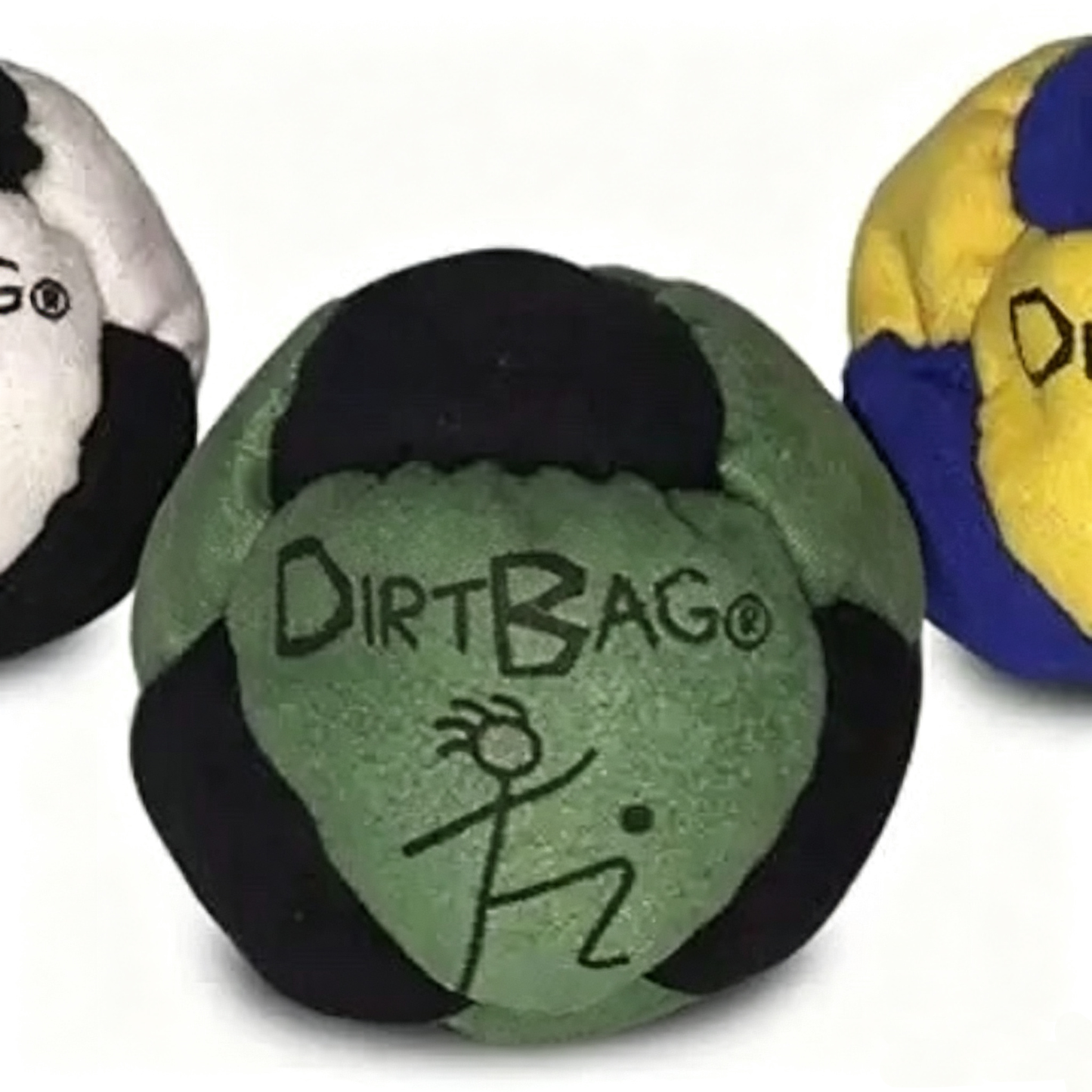 A collection of Dirtbag Classic footbags in various colors including green, blue, and black, highlighting the 8-panel synthetic suede design.