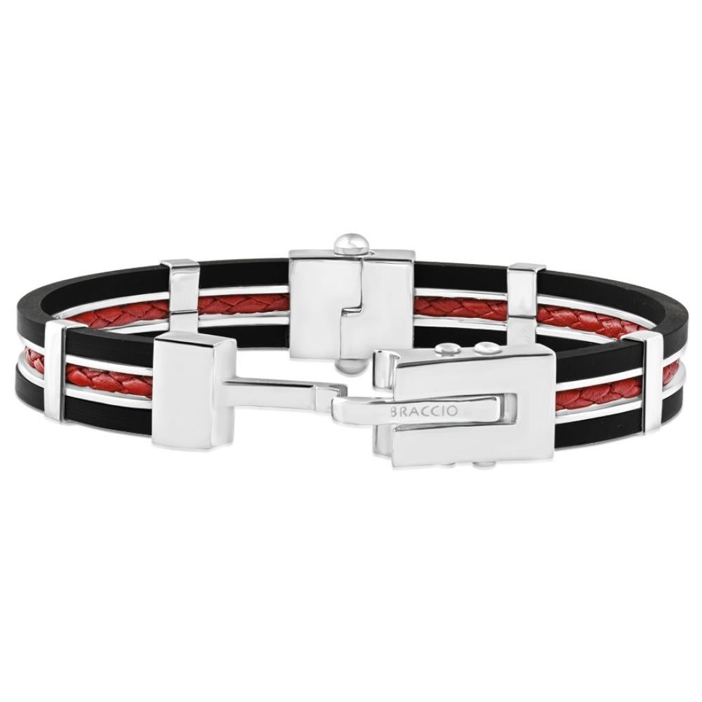Men's Steel, Black Silicone, And Red Leather Latched 8" 10mm Cuffed Bracelet