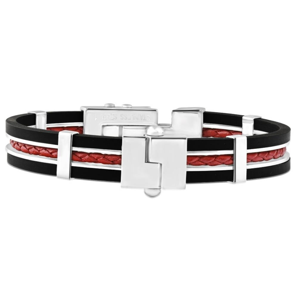 Men's Steel, Black Silicone, And Red Leather Latched 8" 10mm Cuffed Bracelet