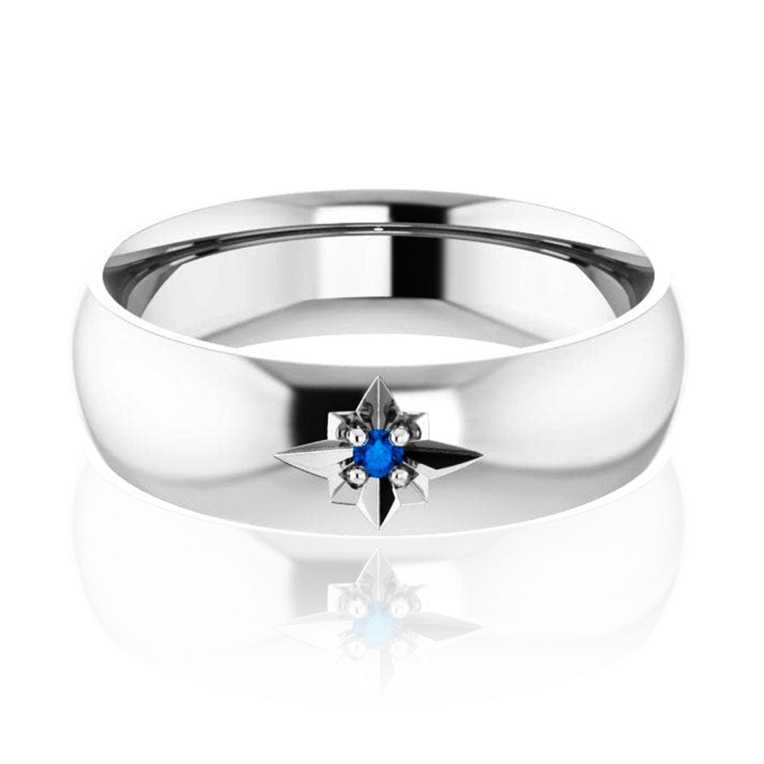 Domed 6mm Wide Wedding Band with Star Set Blue Sapphire