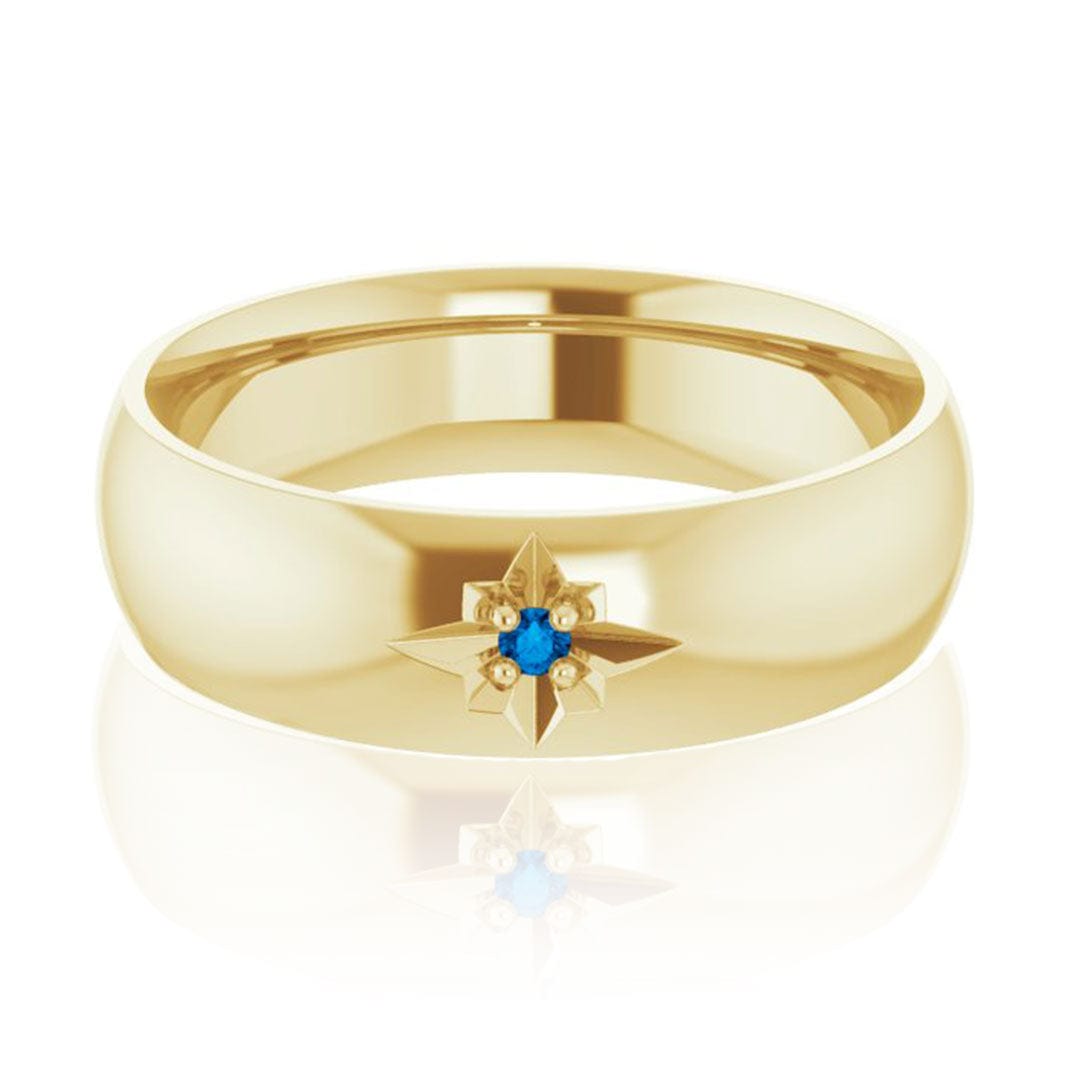 Domed 6mm Wide Wedding Band with Star Set Blue Sapphire