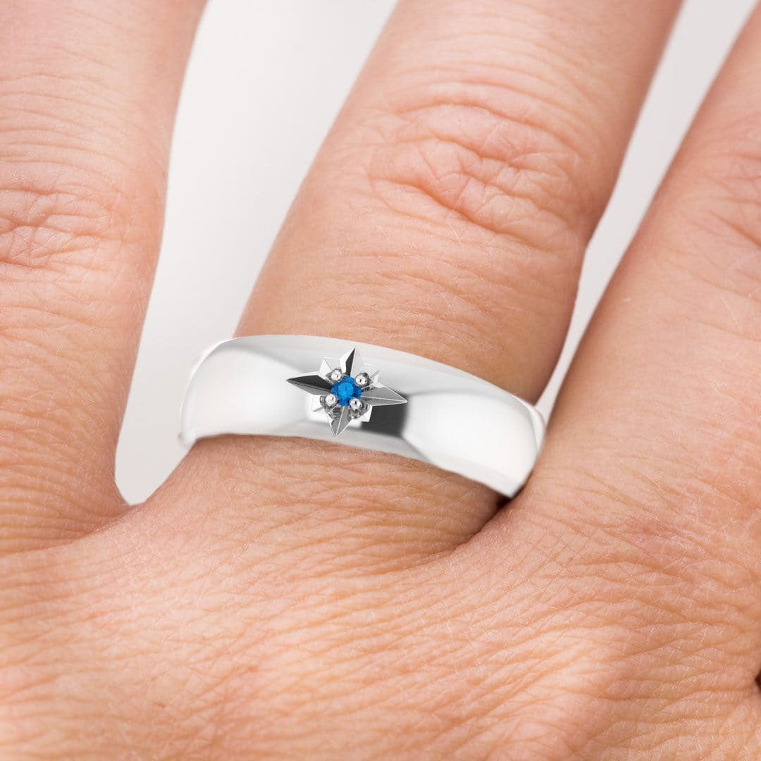Domed 6mm Wide Wedding Band with Star Set Blue Sapphire