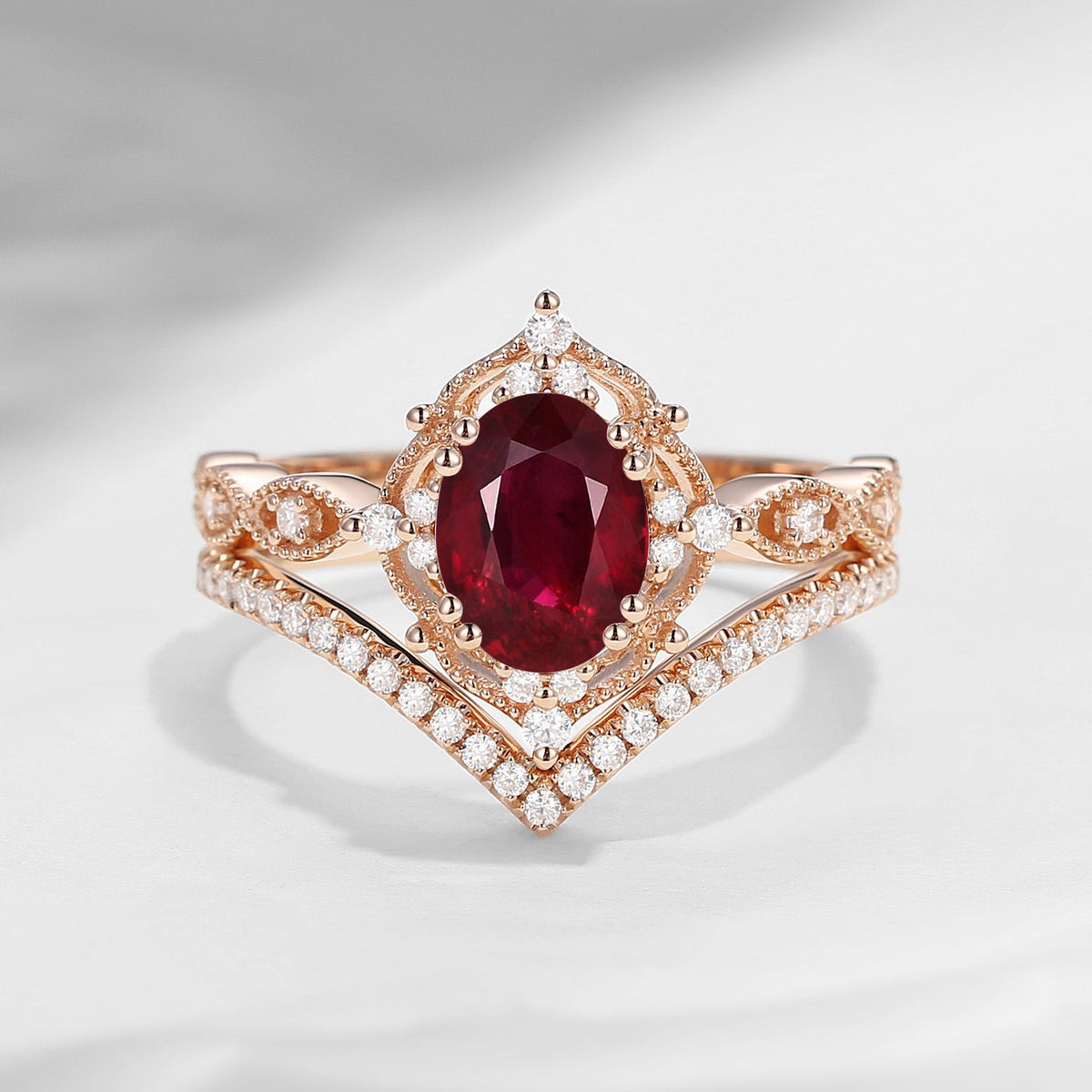 Classic Style Vintage Inspired Oval Cut Natural Ruby Engagement Ring Bridal Set 2pcs