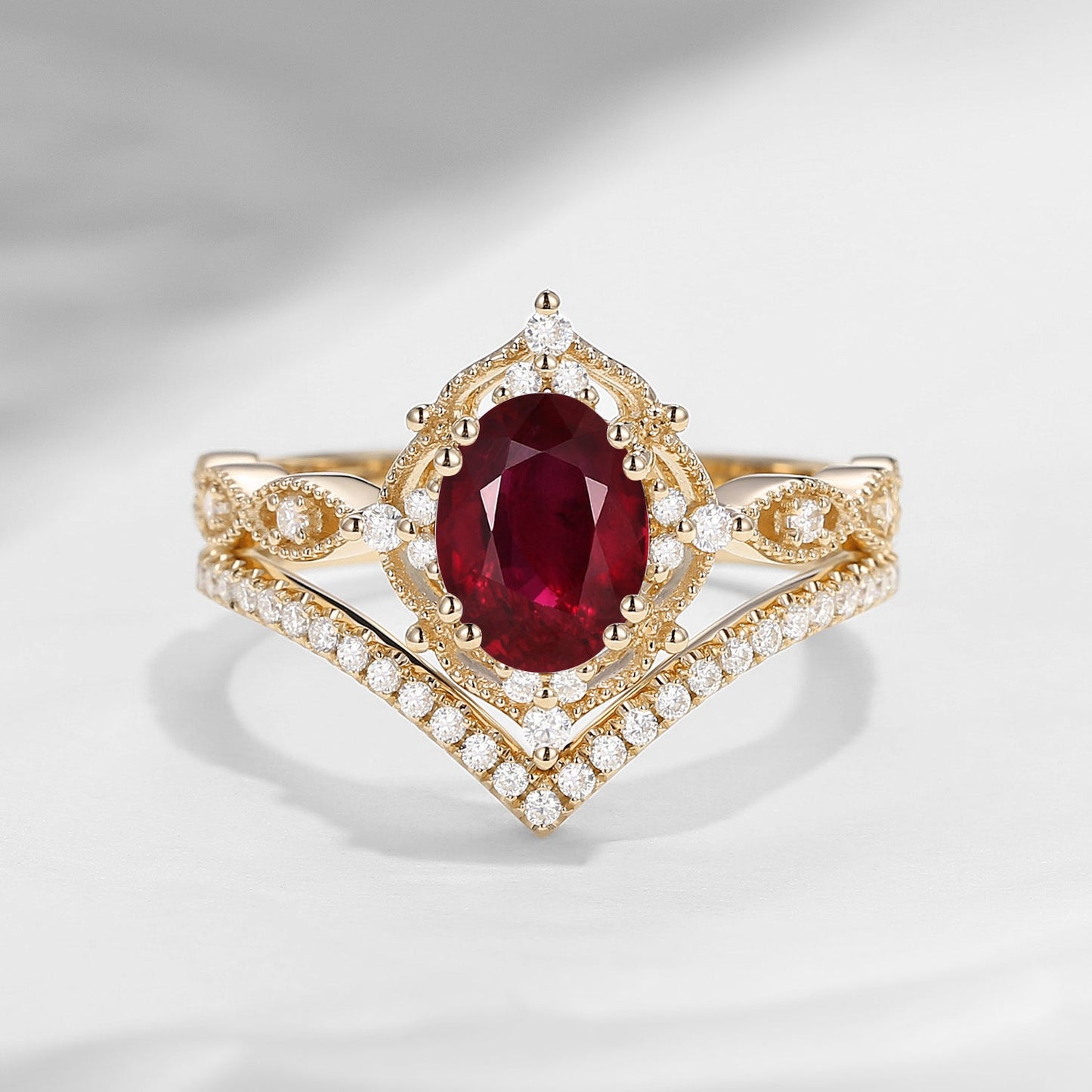 Classic Style Vintage Inspired Oval Cut Natural Ruby Engagement Ring Bridal Set 2pcs