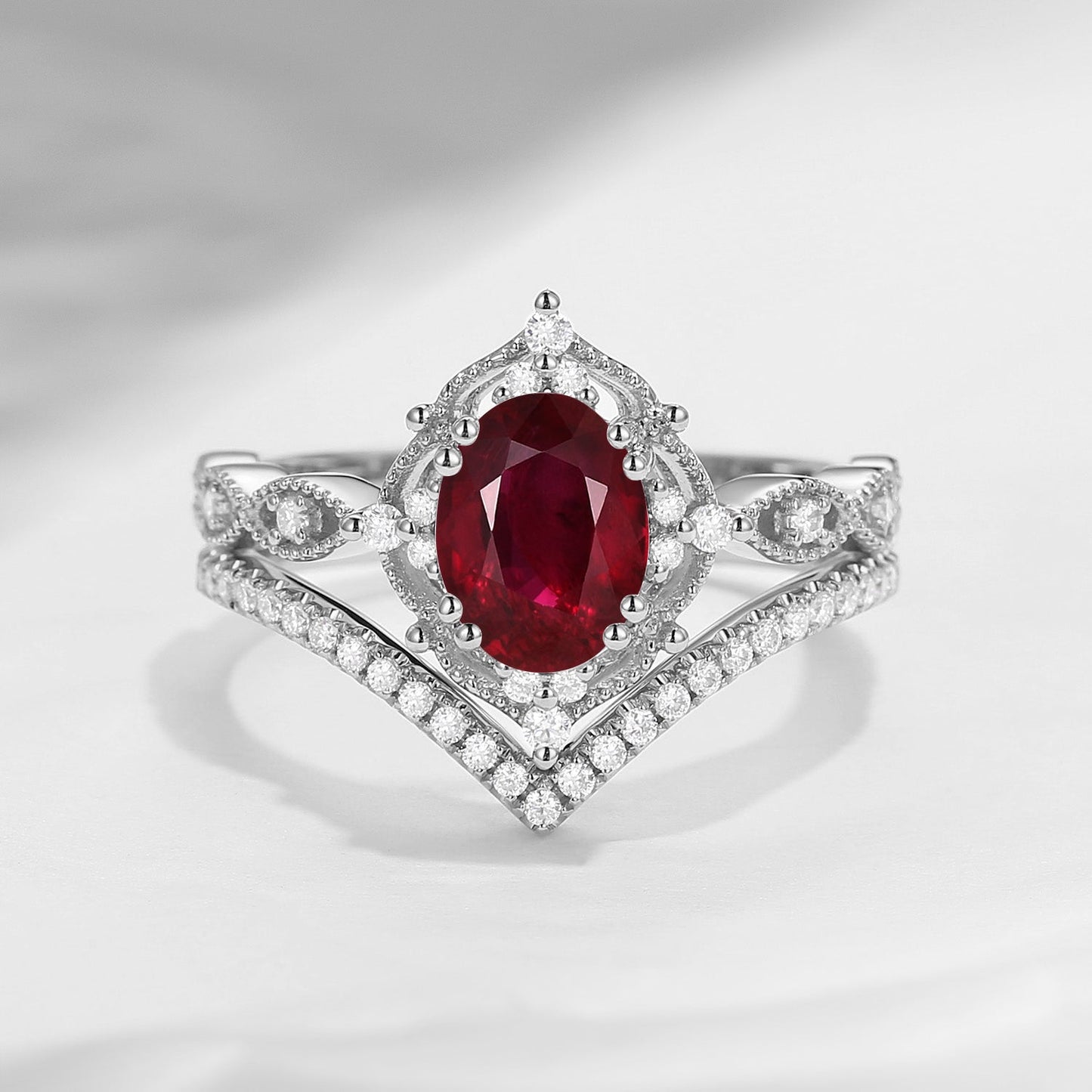 Classic Style Vintage Inspired Oval Cut Natural Ruby Engagement Ring Bridal Set 2pcs
