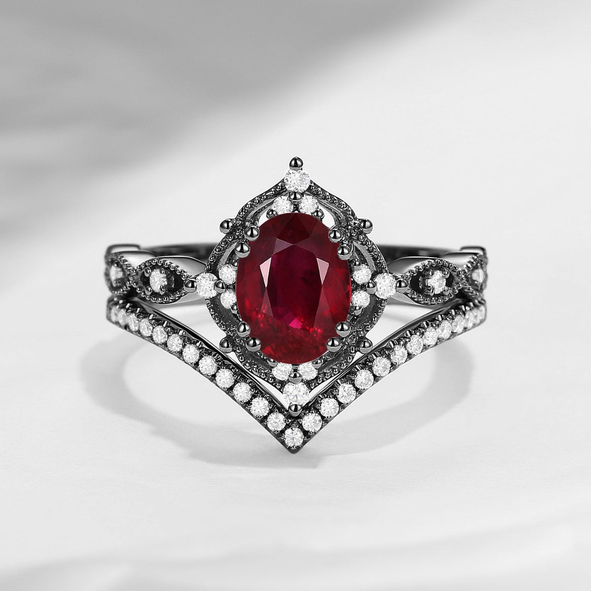 Classic Style Vintage Inspired Oval Cut Natural Ruby Engagement Ring Bridal Set 2pcs