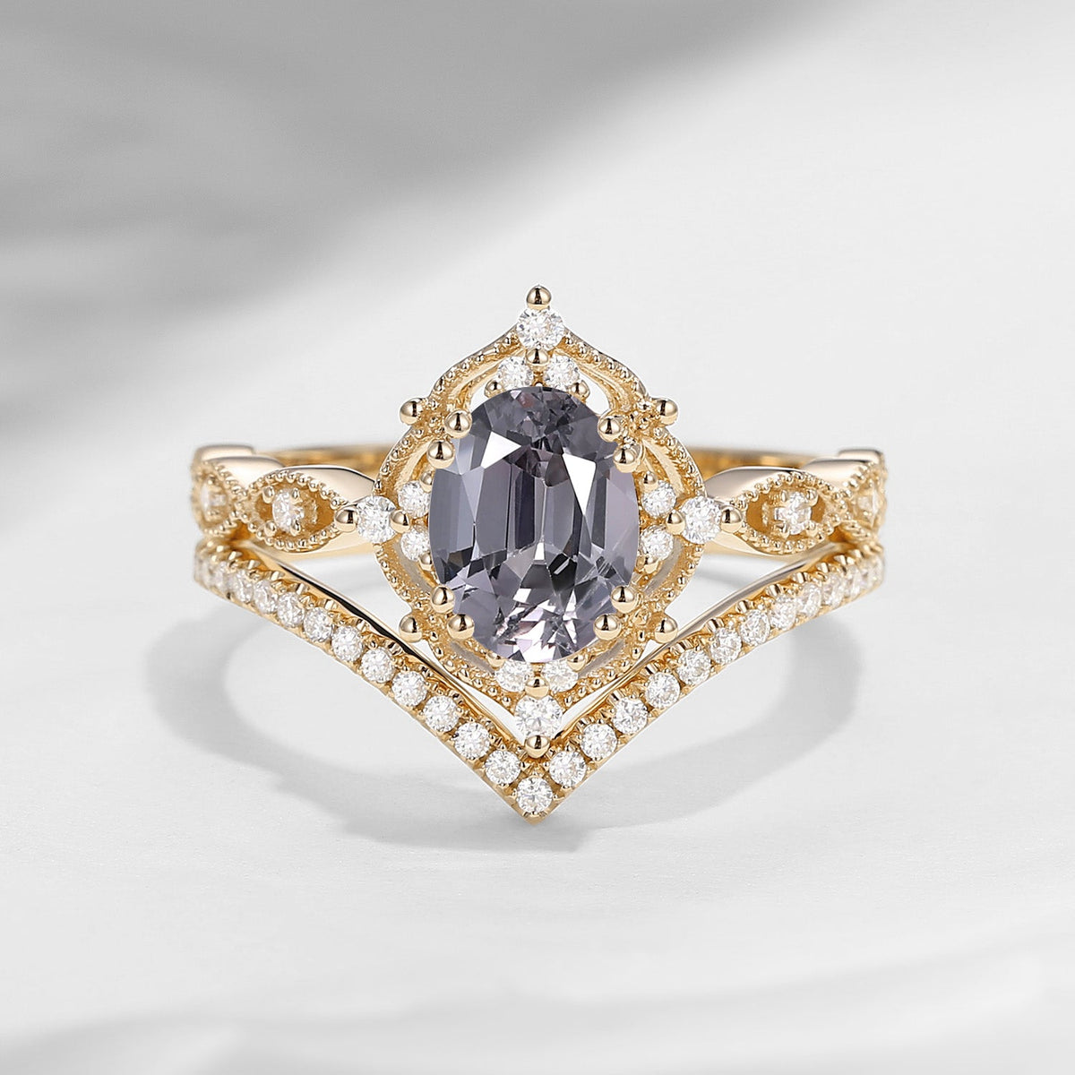 Classic Style Vintage Inspired Oval Cut Natural Spinel Engagement Ring Bridal Set 2pcs