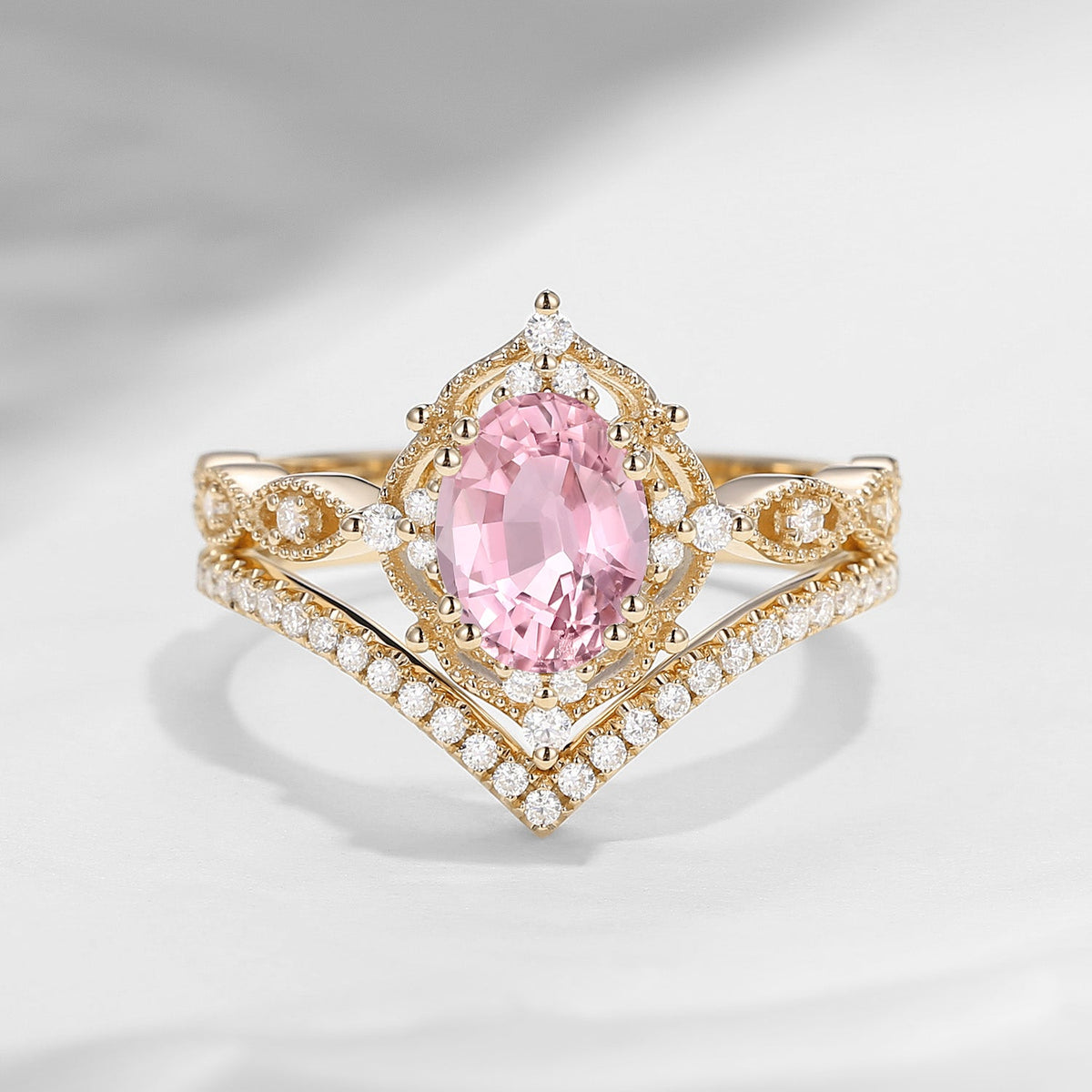 Oval Cut Vintage Inspired Natural Pink Tourmaline Engagement Bridal Set 2pcs