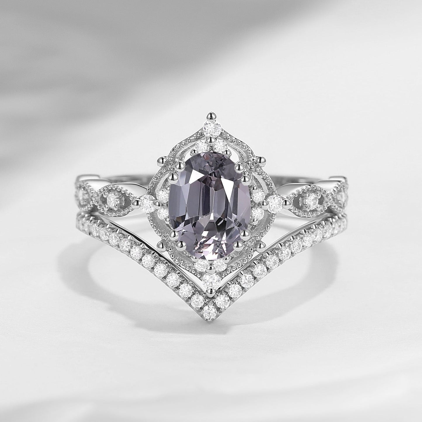 Classic Style Vintage Inspired Oval Cut Natural Spinel Engagement Ring Bridal Set 2pcs