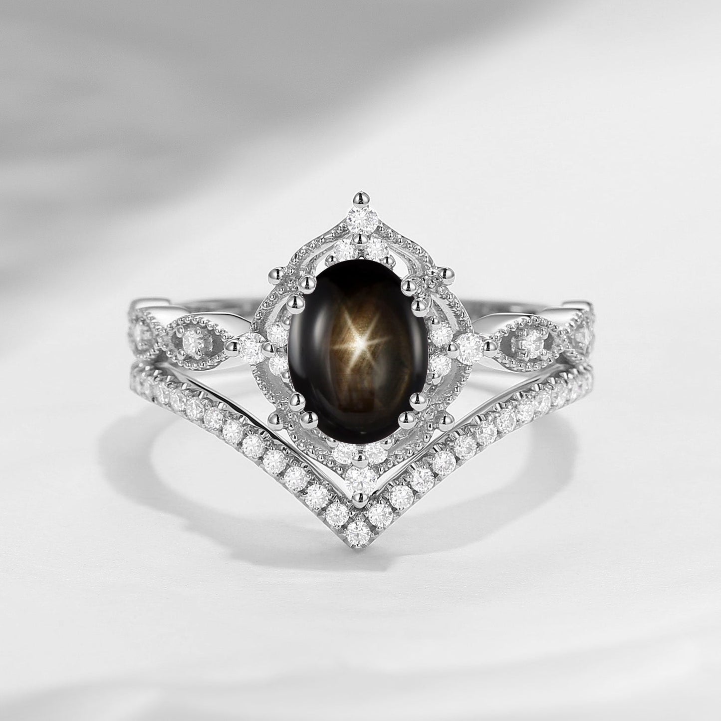 Vintage Inspired Oval Cut Natural Black Star Sapphire Antique Bridal Set 2pcs
