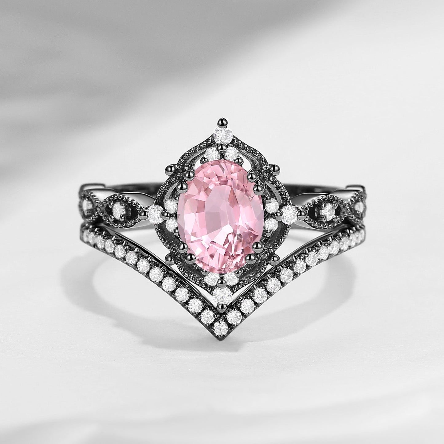 Oval Cut Vintage Inspired Natural Pink Tourmaline Engagement Bridal Set 2pcs