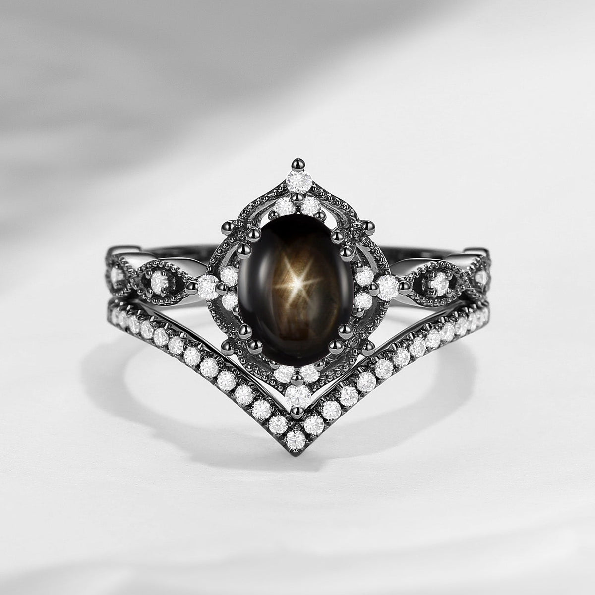 Vintage Inspired Oval Cut Natural Black Star Sapphire Antique Bridal Set 2pcs
