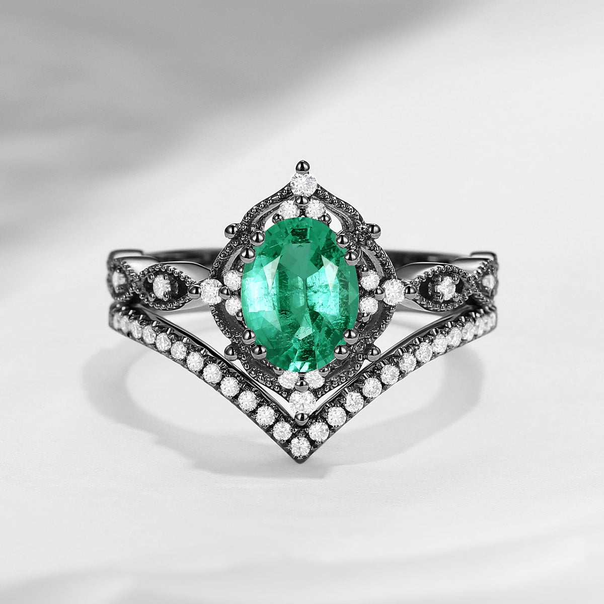 Classic Style Vintage Inspired Oval Cut Natural Emerald Engagement Ring Bridal Set 2pcs