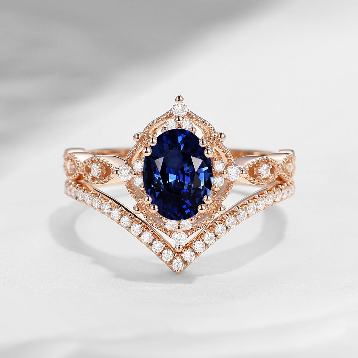 Classic Style Vintage Inspired Oval Cut Natural Sapphire Engagement Ring Bridal Set 2pcs
