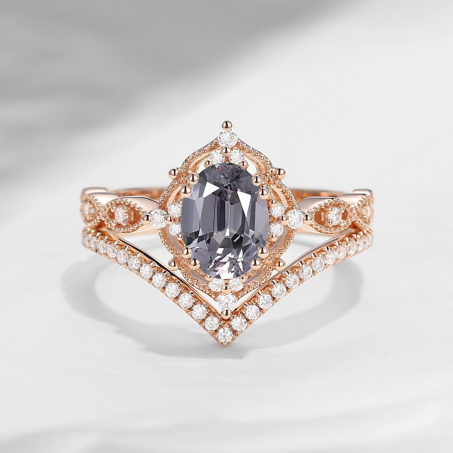 Classic Style Vintage Inspired Oval Cut Natural Spinel Engagement Ring Bridal Set 2pcs