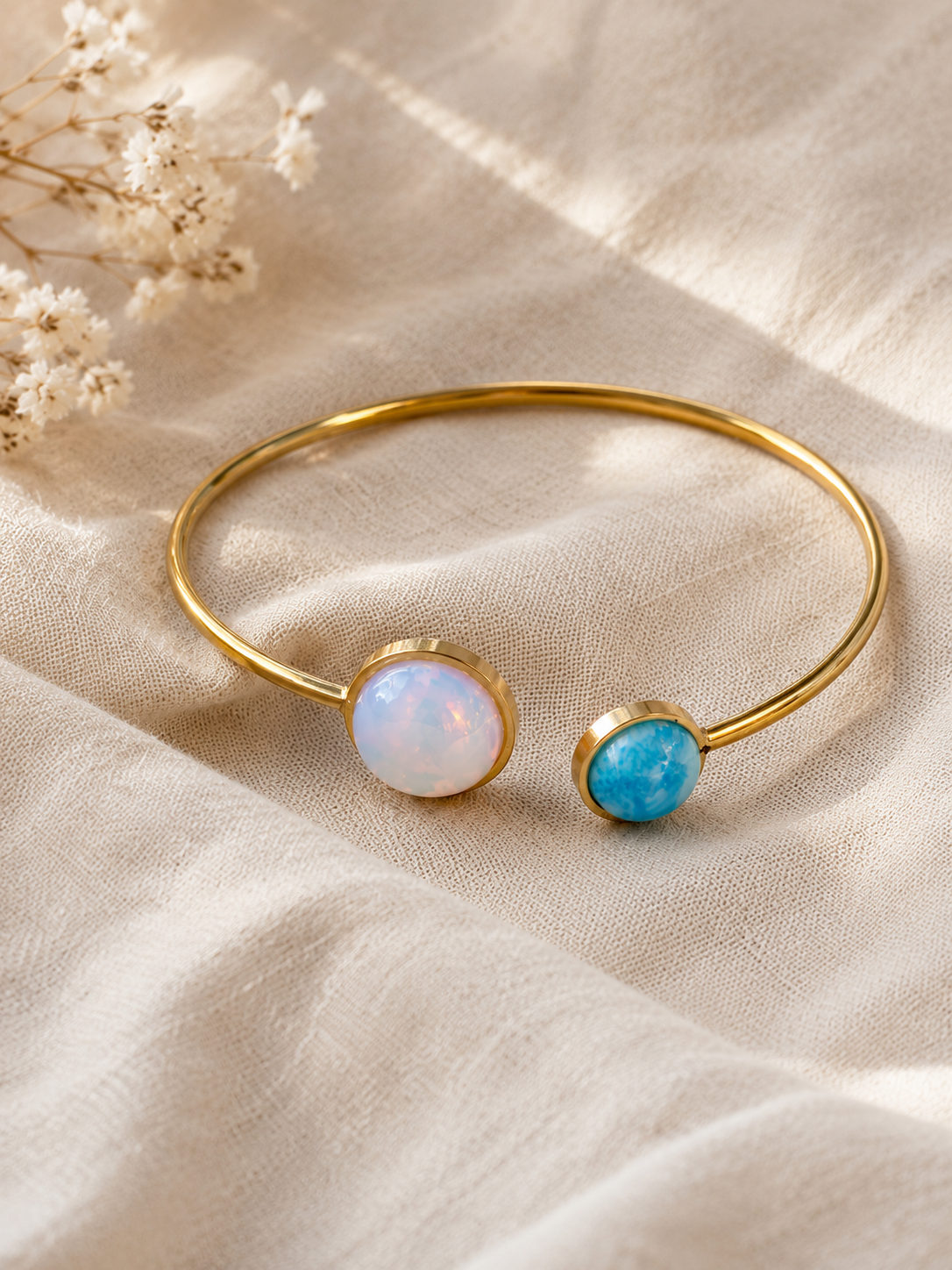 Bracelet Jonc Lagune | Opale Irisée & Larimar Turquoise – Plaqué Or 24k - Univers Larimar