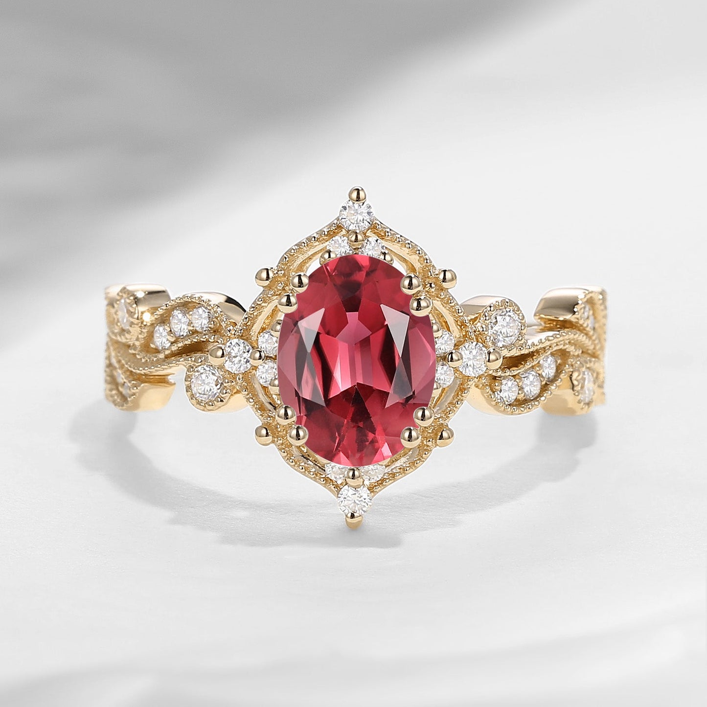 Unique Oval Cut Vine Natural Pink Tourmaline Art Deco Engagement Ring