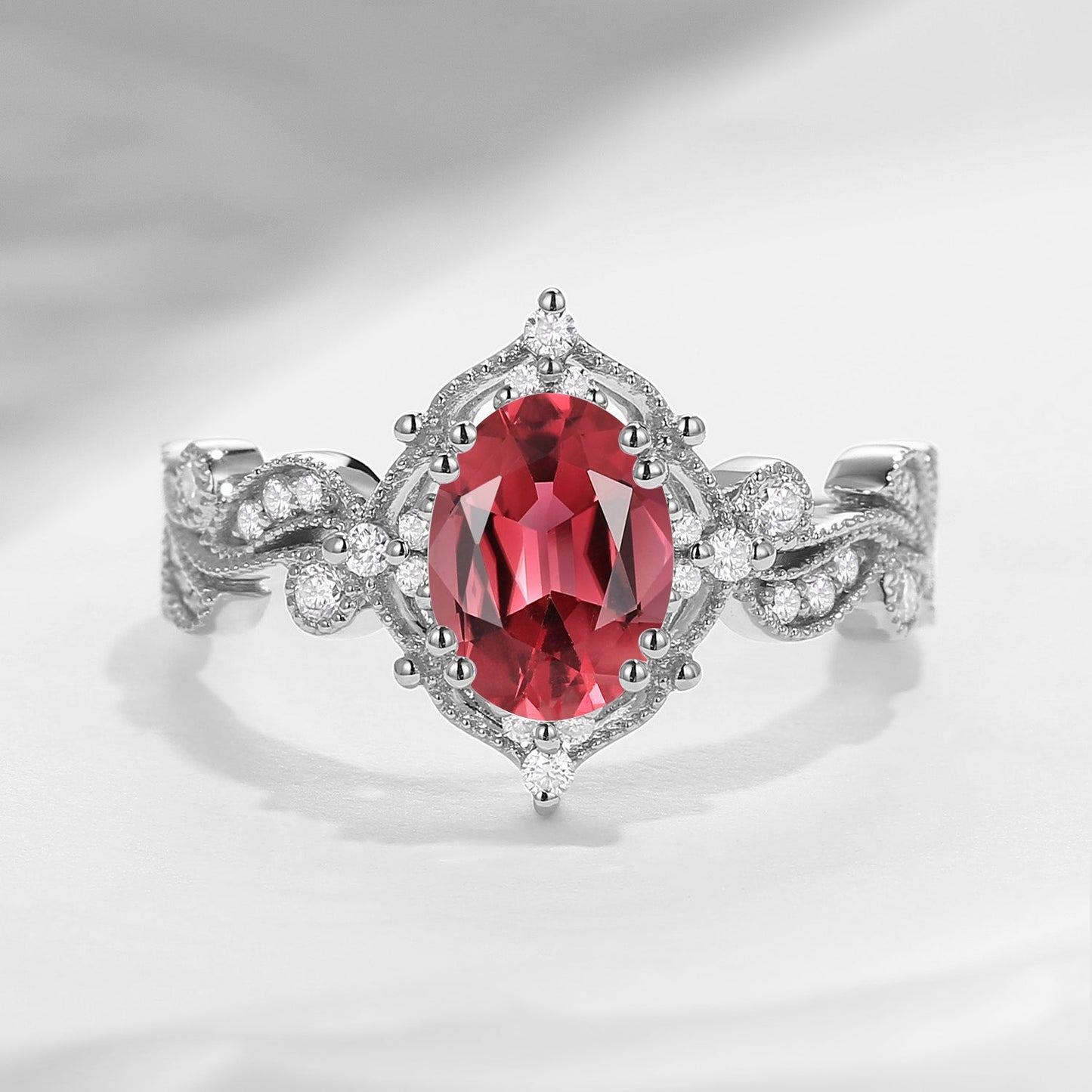 Unique Oval Cut Vine Natural Pink Tourmaline Art Deco Engagement Ring
