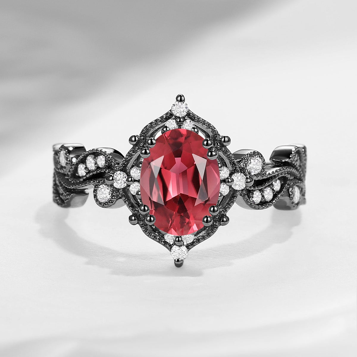 Unique Oval Cut Vine Natural Pink Tourmaline Art Deco Engagement Ring