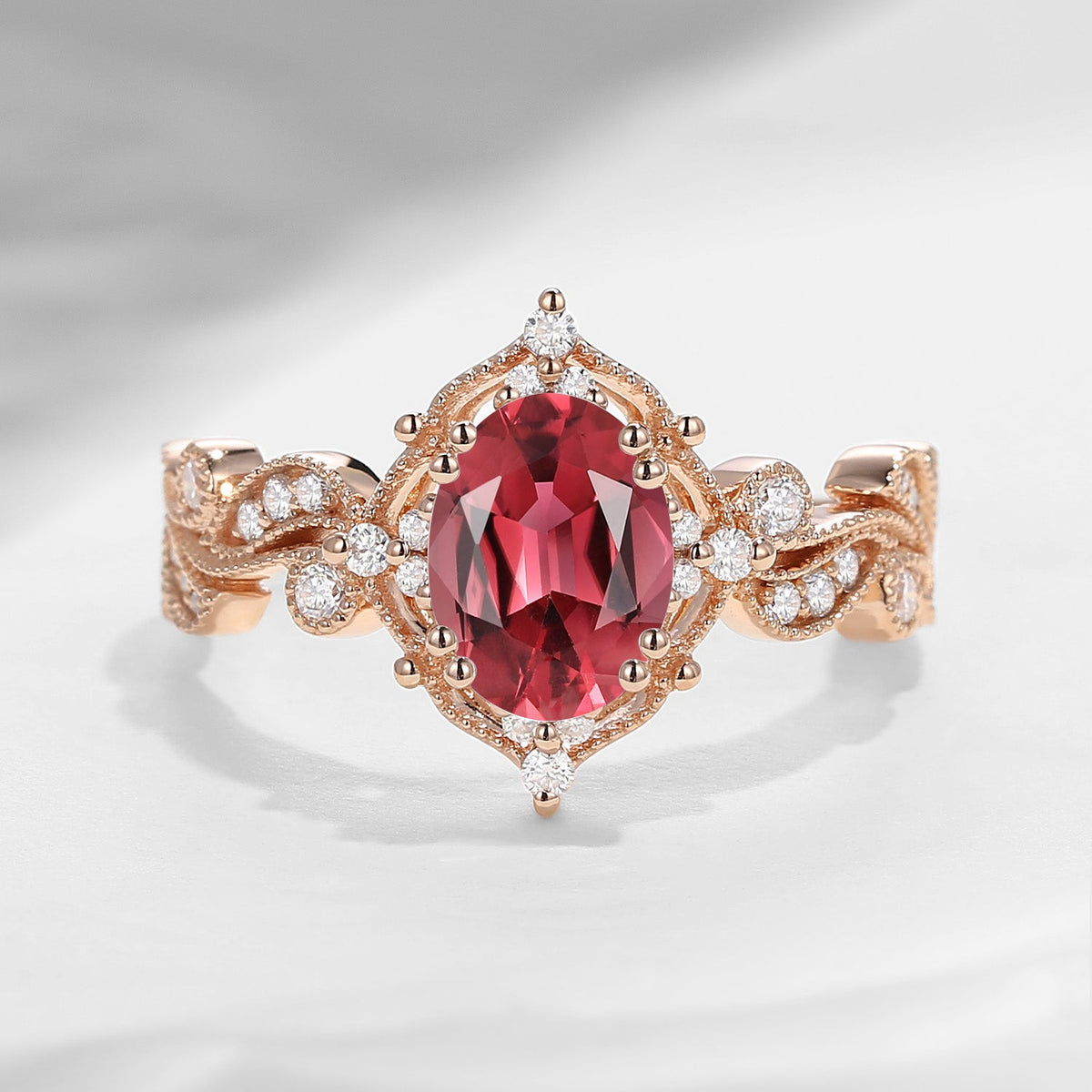Unique Oval Cut Vine Natural Pink Tourmaline Art Deco Engagement Ring