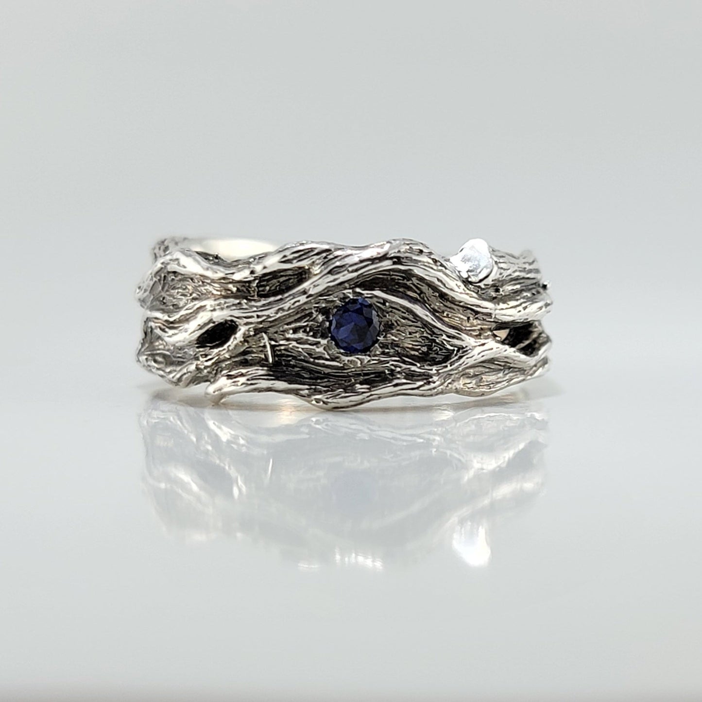 Driftwood Style Blue Sapphire Wedding Band