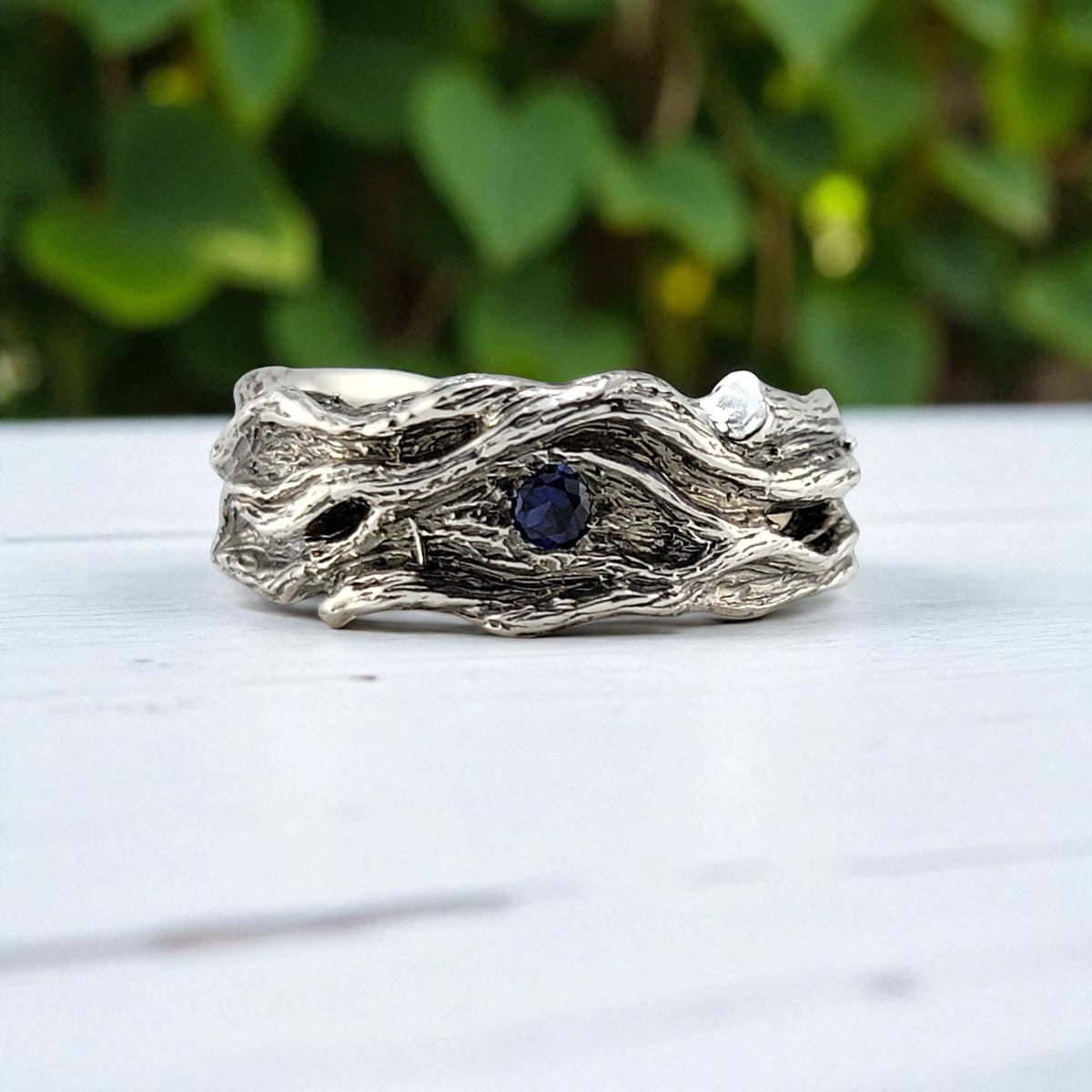 Driftwood Style Blue Sapphire Wedding Band