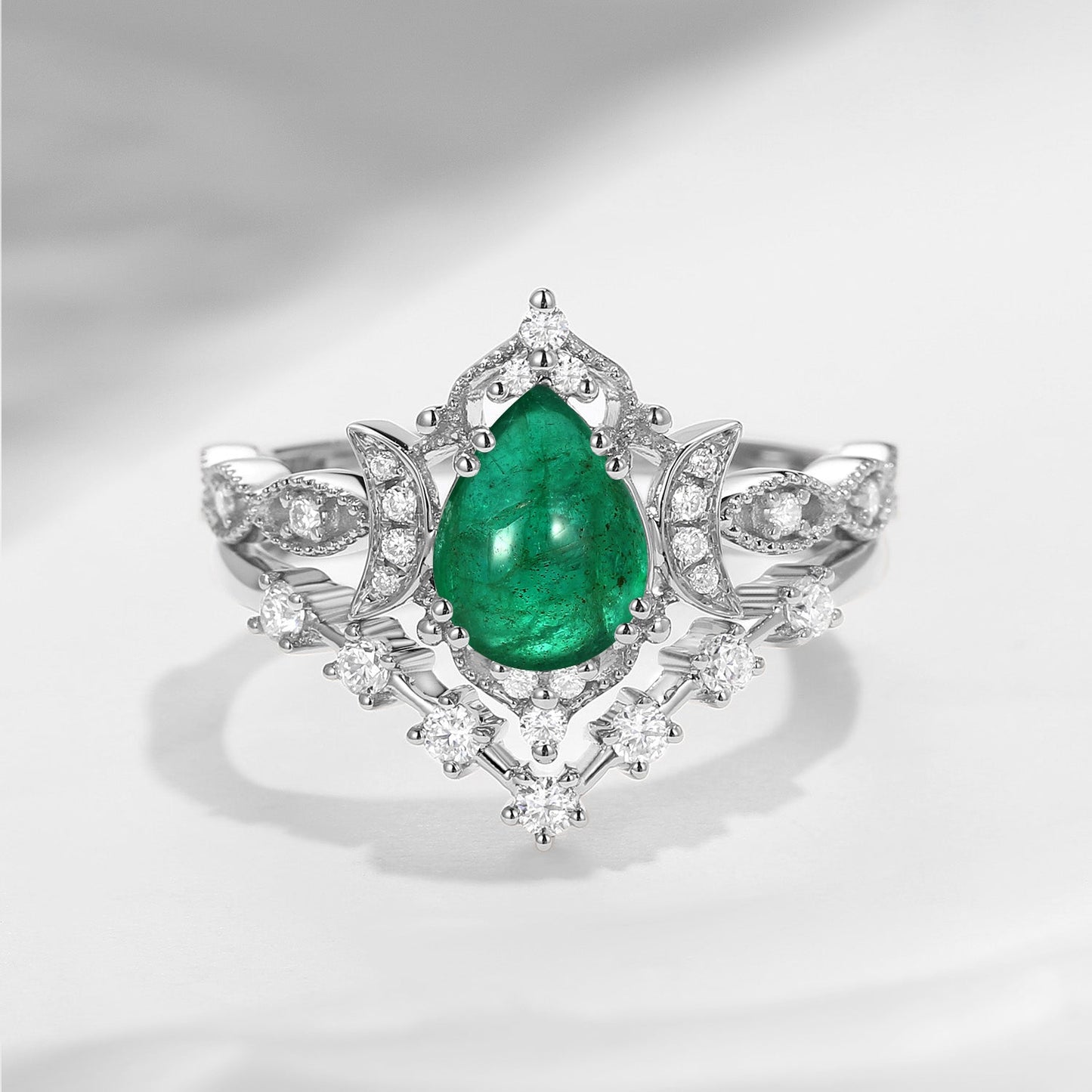Crescent Moon | Pear Cut Natural Emerald Unique Galaxy Engagement Ring Set 2pcs