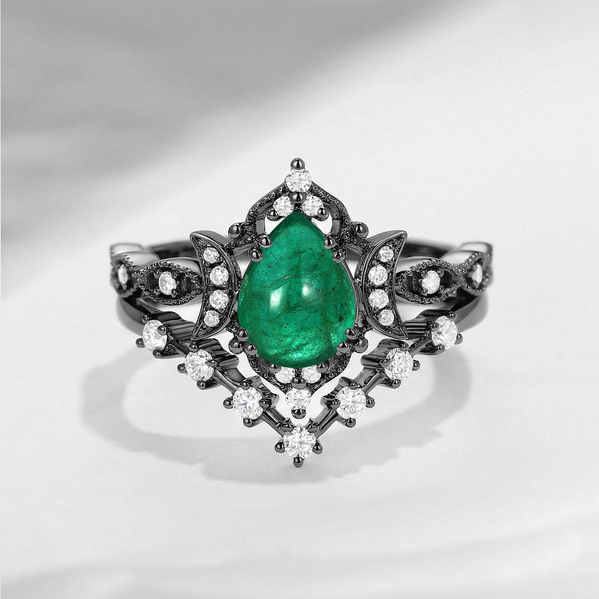 Crescent Moon | Pear Cut Natural Emerald Unique Galaxy Engagement Ring Set 2pcs