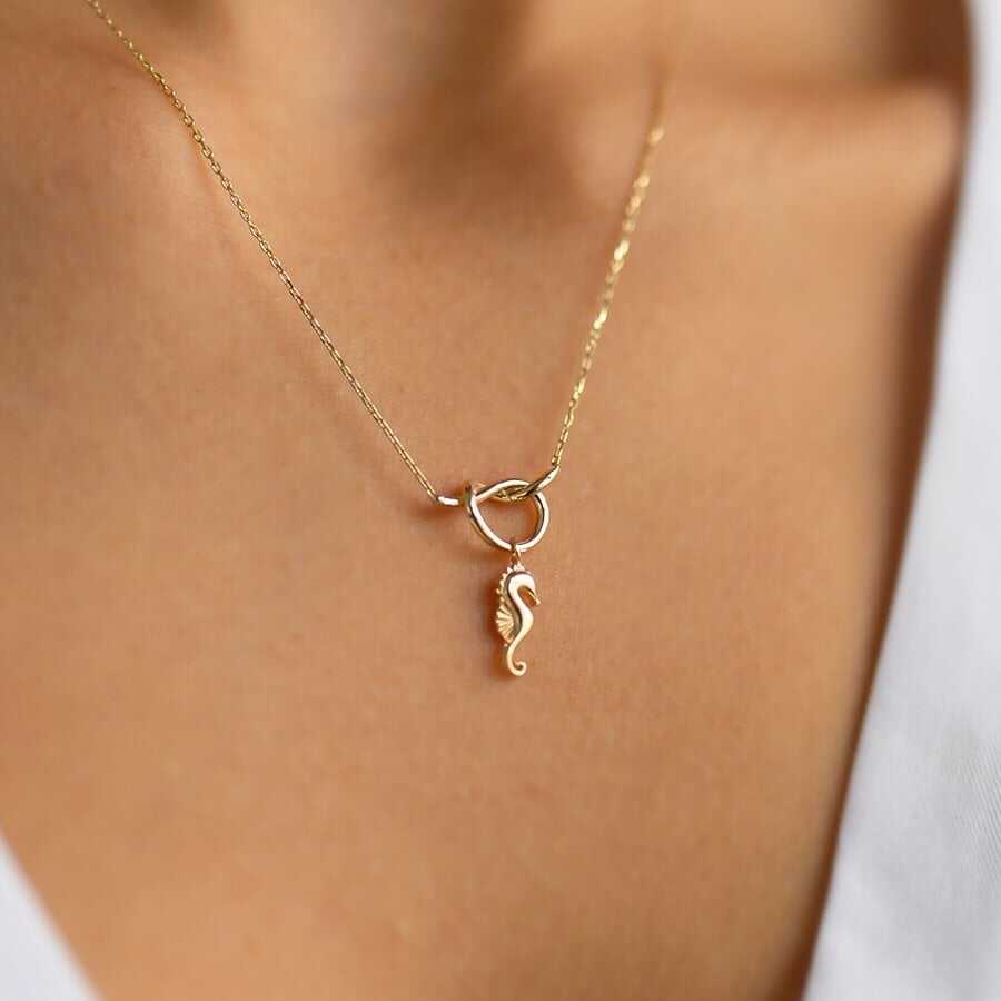 14k Solid Gold Seahorse Necklace
