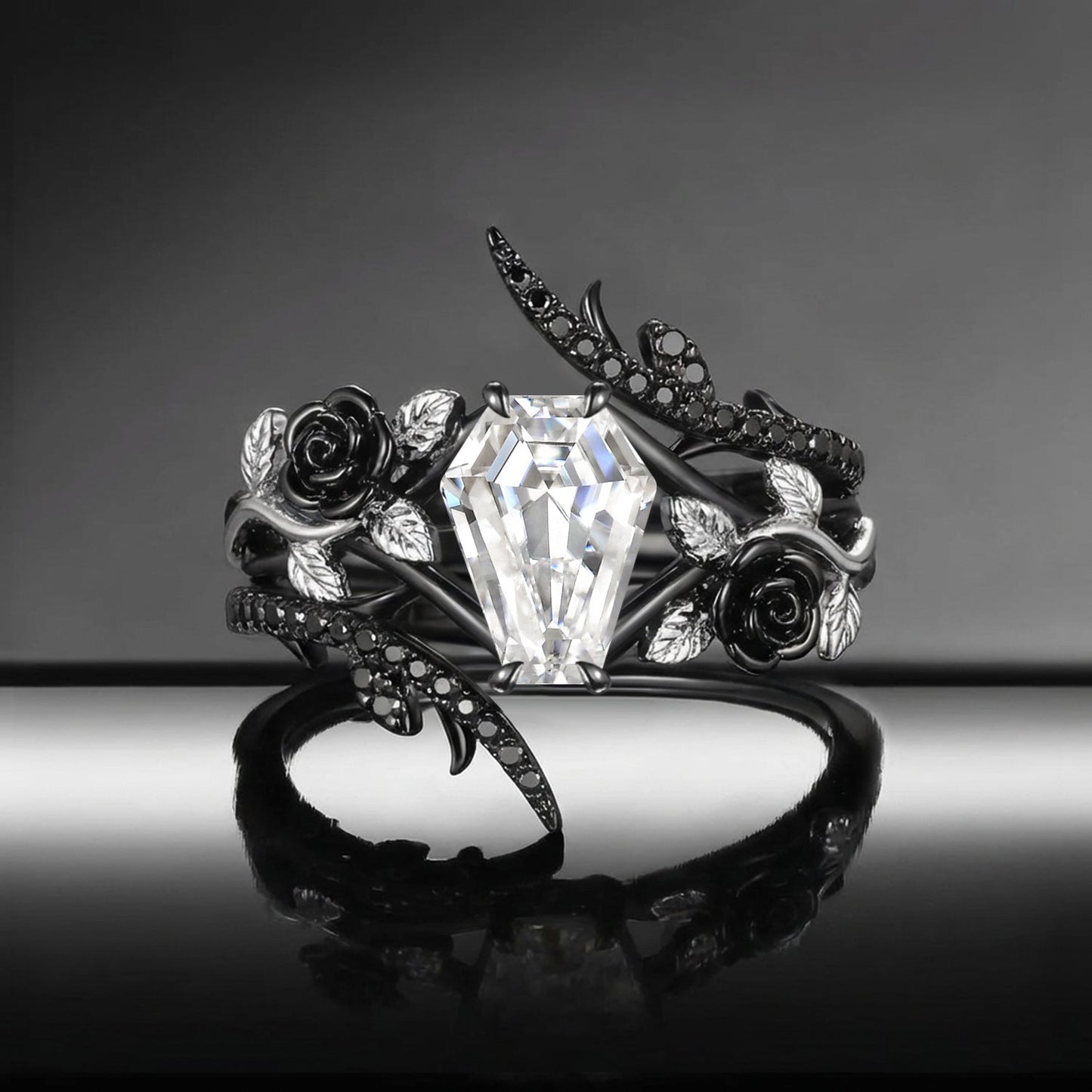 Thorns & Roses - Nature Inspired Coffin Moissanite Two-Tone Leafy Cage Ring Set with Thorn-Inspired Band