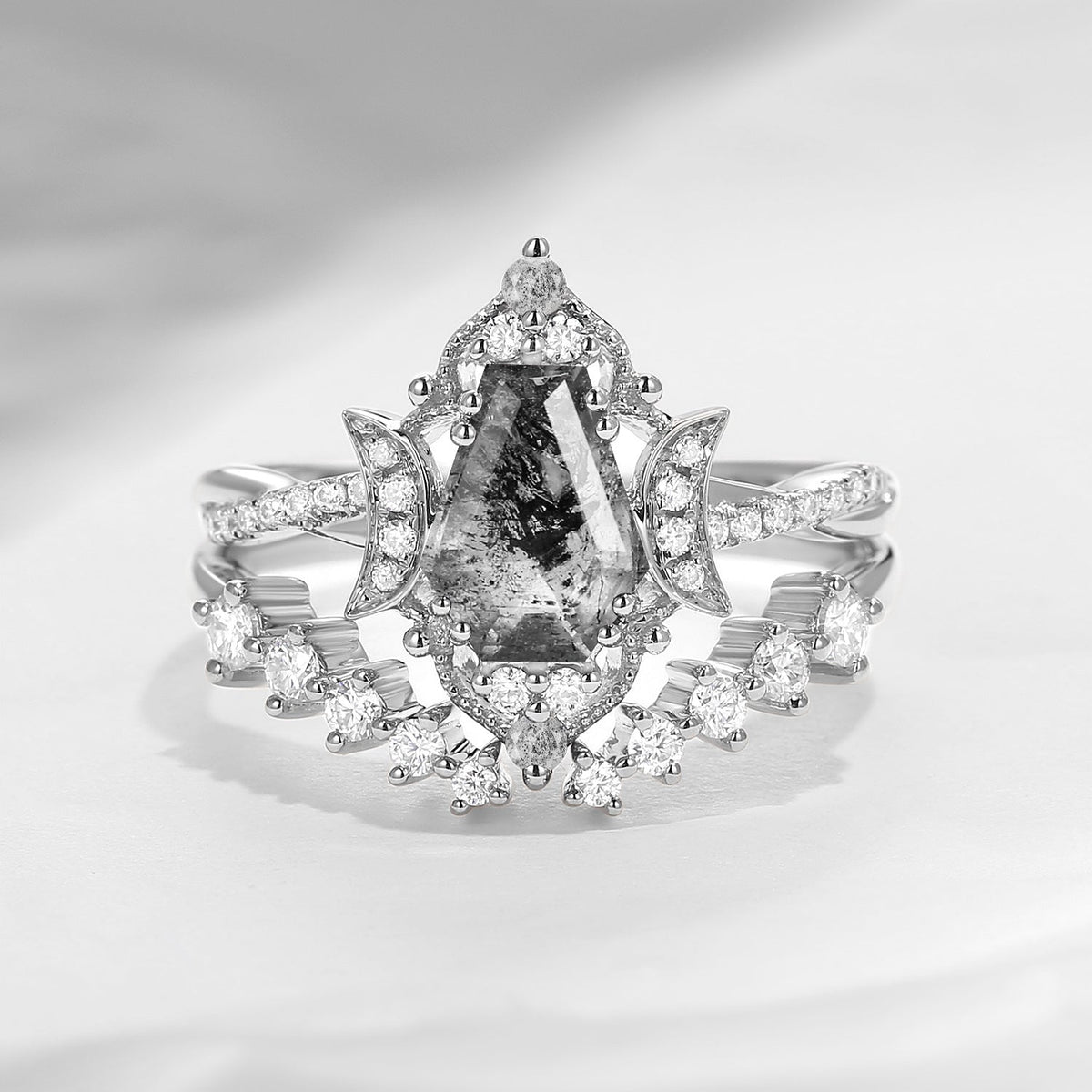 Crescent Moon | Coffin Cut Herkimer Diamond Infinity Engagement Ring Set 2pcs - Infinity Galaxy