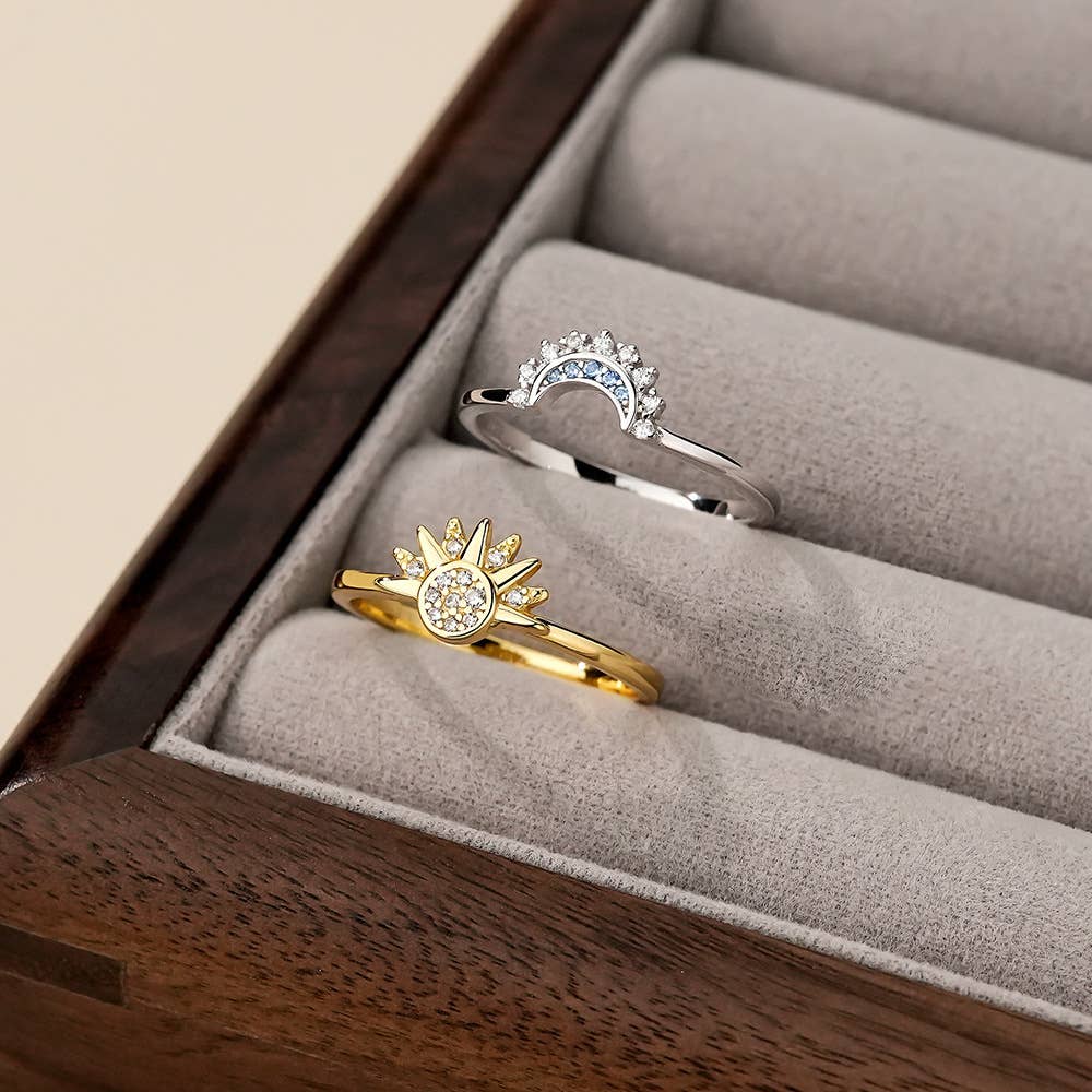 S925 Sterling Silver Micro-Diamond Sun and Moon Couple Ring: Yellow Gold  size N