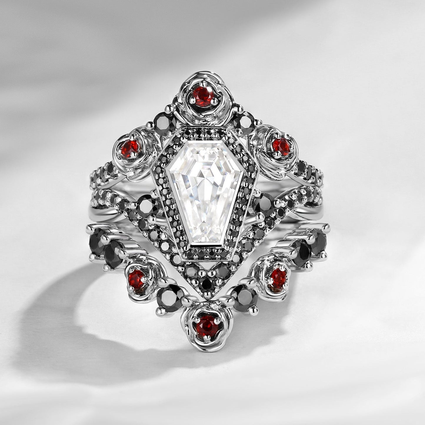 Unique Coffin Salt & Pepper Diamond Gothic Rose Flower Engagement Ring Set 3pcs