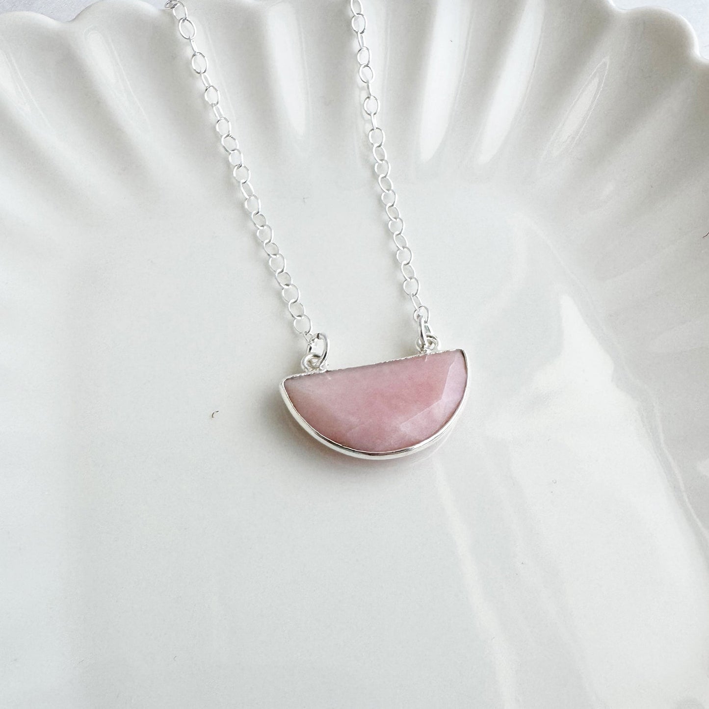 Small Half Moon Crescent Necklace - Pink Opal