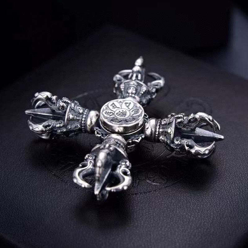 Fortune Jewel Tibetan 925 Sterling Silver Double Dorje Vajra Engraved Spiritual Power Pendant