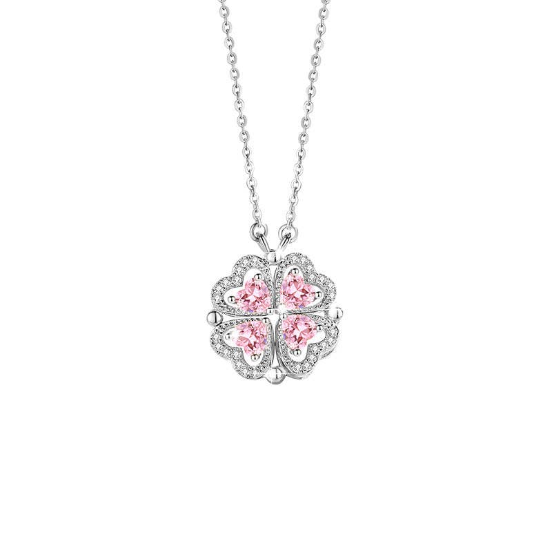 Pink Four Leaf Clover Heart Necklace in 925 Sterling Silver: Rose gold