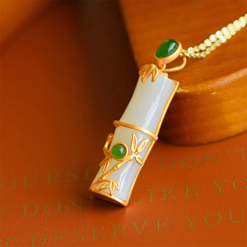 Fortune Jewel White Jade Cyan Jade Bamboo Protection Necklace Pendant