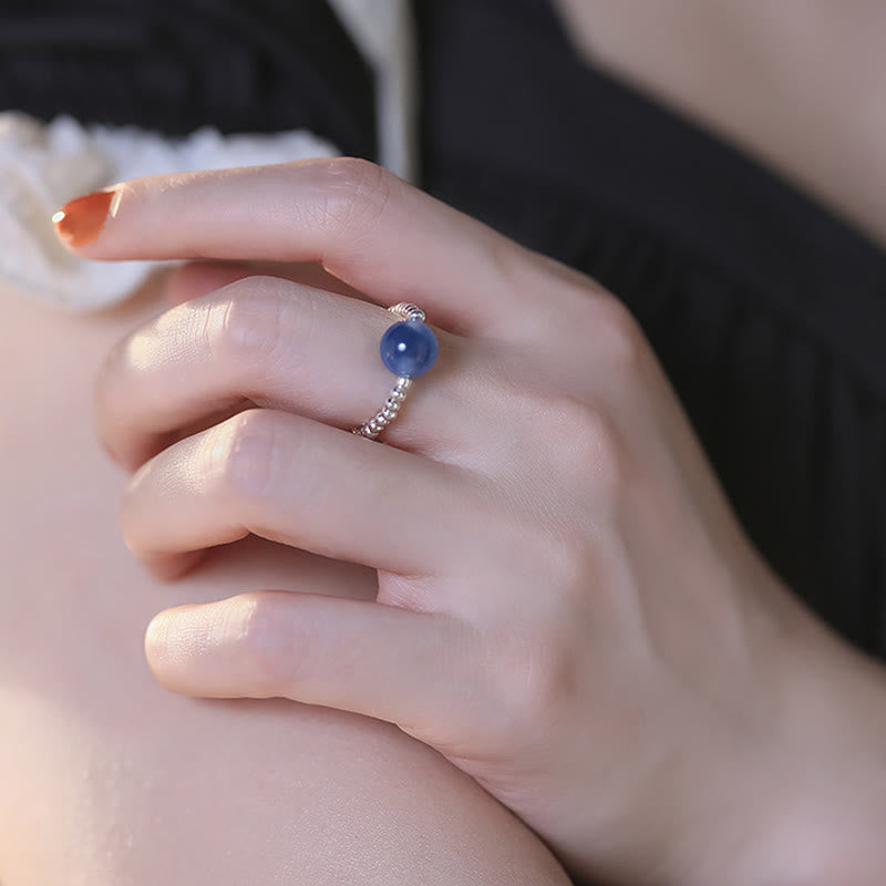 Fortune Jewel 925 Sterling Silver Blue Candy Agate Healing Bead Ring