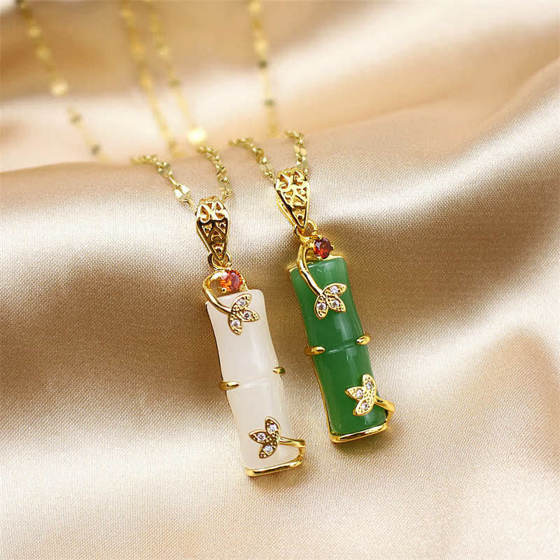Fortune Jewel White Jade Cyan Jade Bamboo Luck Protection Necklace Pendant