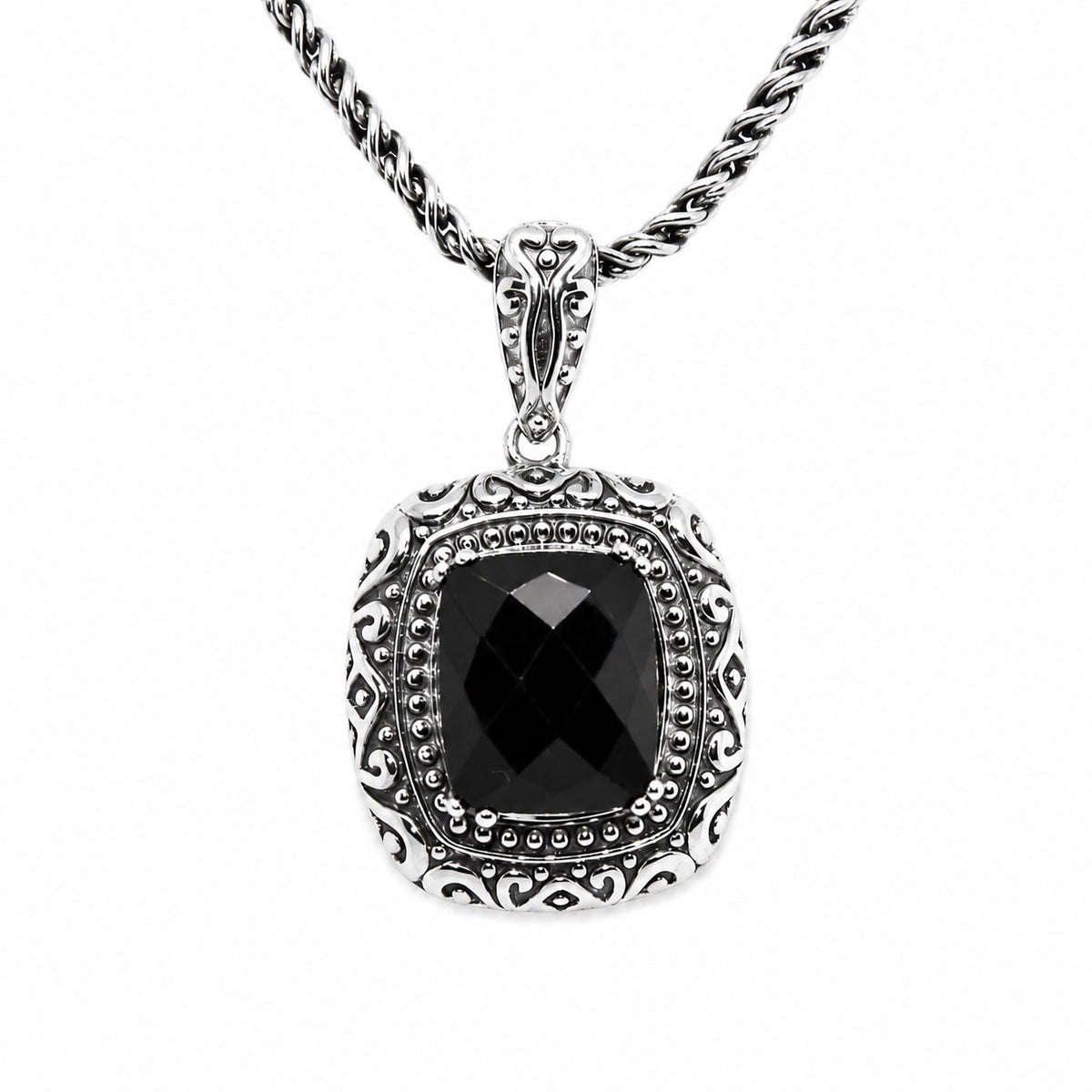 Sterling Silver Effy Twisted Spiga Chain and Black Spinel Pendant
