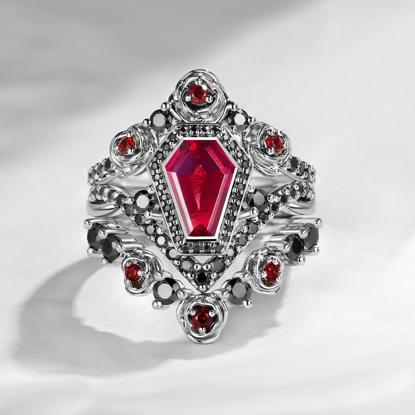 Unique Coffin Garnet Gothic Rose Flower Engagement Ring Set 3pcs