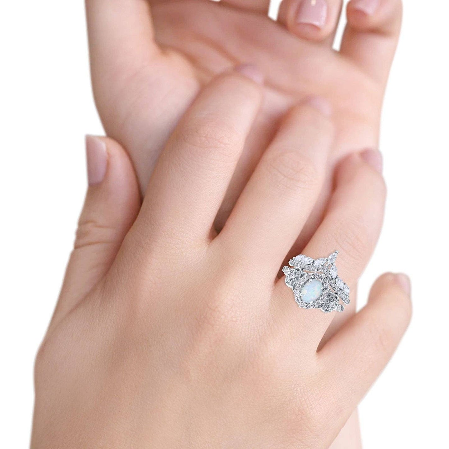Oval Accent Vintage Lab Created White Opal Wedding Band Bridal Ring: Lab Created White Opal size o1/2