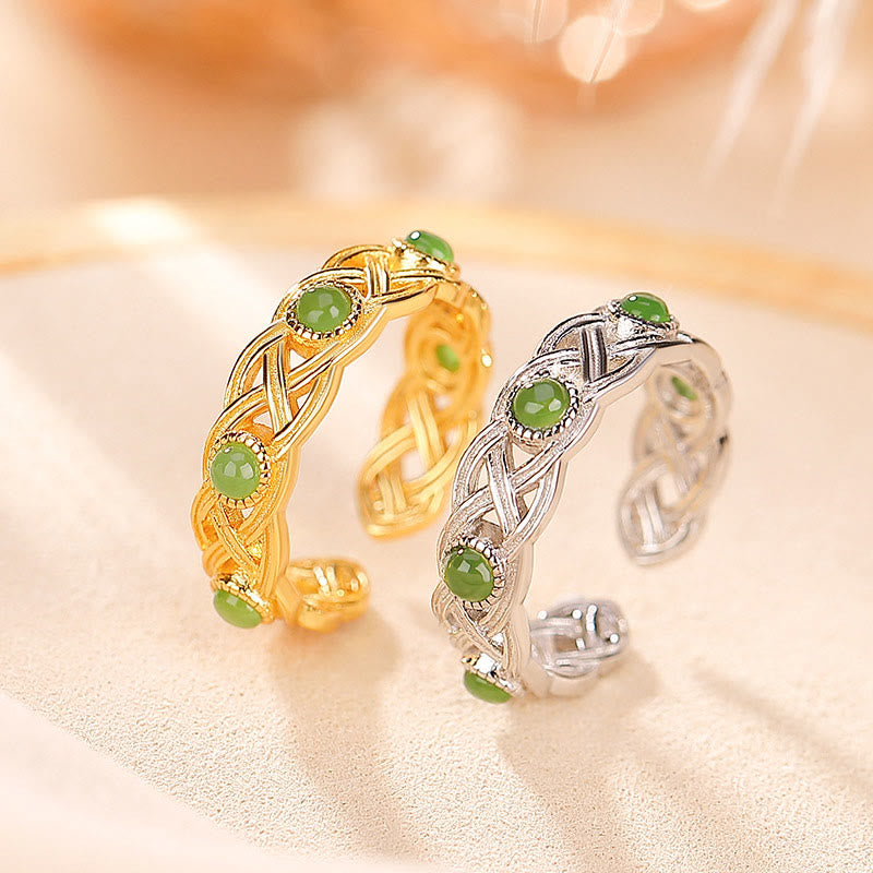 Fortune Jewel 925 Sterling Silver Plated Gold Cyan Jade Braided Design Success Luck Adjustable Ring